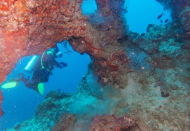 Scuba Diver Yüzme mağara, Maldivler