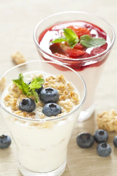Pannacotta with wild berries and yogurt with blueberries, health — Stock Photo, Image