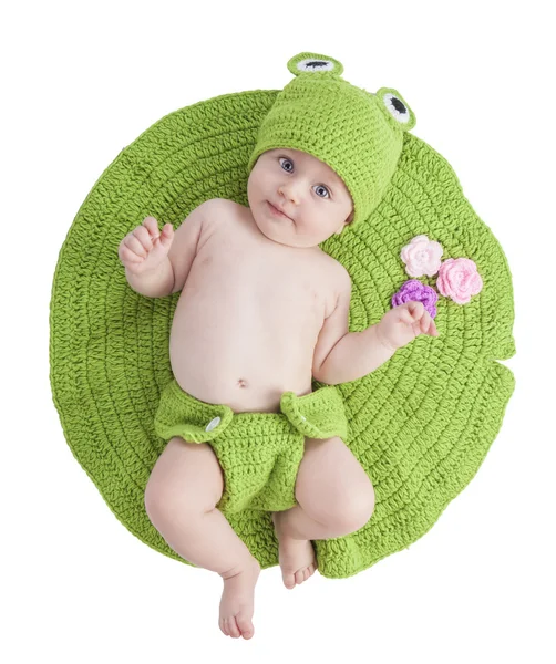 Nyfødte baby iført frøen kostume - Stock-foto