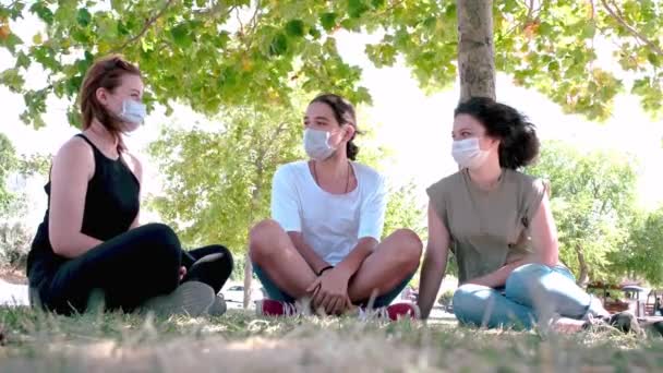 Young Friends Talking Laughing While Sitting Grass Meeting Friends Park — Stock Video