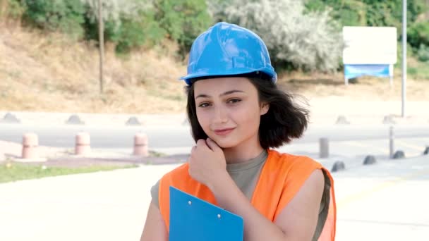 Portrait Lovely Cheerful Young Woman Engineer Worker Uniform Protective Blue — Stock Video