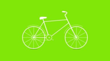 Yeşil ekran arka planında düz dizayn bisiklet animasyonu. Yeşil ekranda beyaz bisiklet sürüyor. 4k, 60 fps.