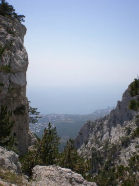 Dik kayalıkları olan kayalıklar çam ağaçlarıyla kaplıdır. Vadinin çok aşağısında, açık bir sis perdesi altında. Hepsi güzel bir gökyüzünün arka planına karşı.