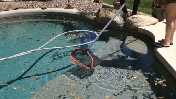 Mujer limpia piscina con Skimmer — Vídeo de stock