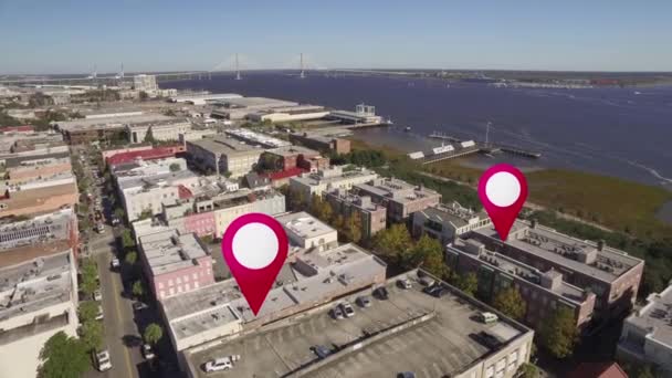 Aerial of Downtown Charleston, South Carolina GPS Markers — Stock Video