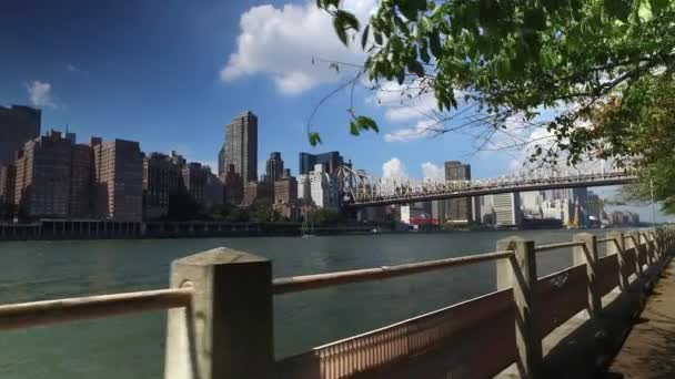Manhattan Skyline y Queensboro Bridge vistos desde Roosevelt Island — Vídeos de Stock