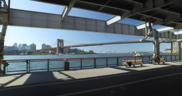 Pieszych i biegaczy na East River Bikeway z Brooklyn Bridge w odległości — Wideo stockowe
