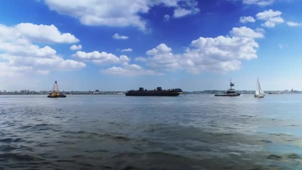 Корабли и катера в гавани Нью-Йорка — стоковое видео