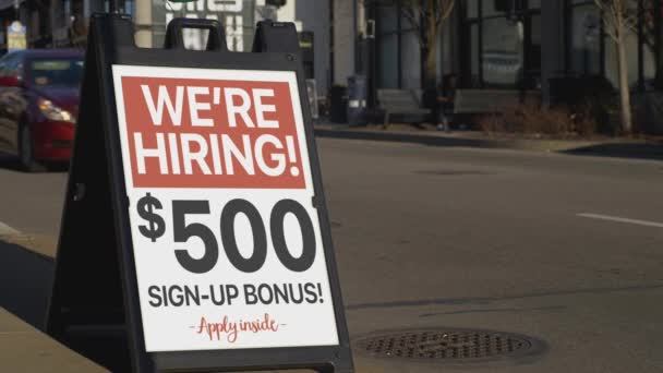 Hiring Sandwich Board Sign Business City Sidewalk Sign Shows 500 — Stock Video