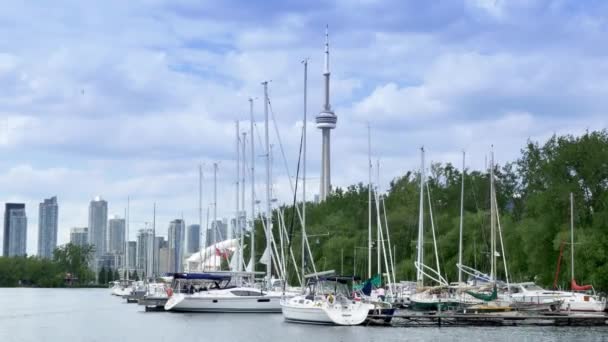 4K Marina na wyspie Toronto z CN Tower w tle — Wideo stockowe