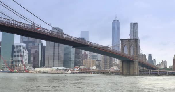 ブルックリンから見られるように曇りの日にニューヨーク市のスカイライン. — ストック動画