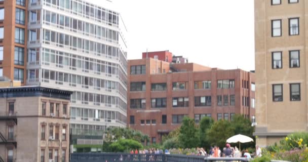 New York City-circa juli, 2014-turister njuta av High Line, en 1-mile New York City linjär Park byggd från en ombyggd förhöjd järnväg. — Stockvideo