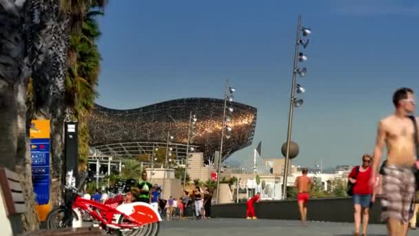 A time lapse view of visitors enjoying the sunny boardwalk area of Barcelona in the early Fall. — Stock Video