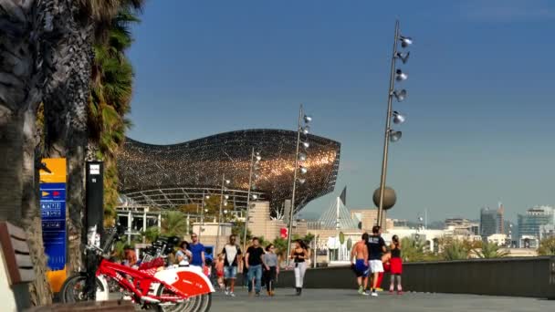 Los visitantes disfrutan de la soleada zona de paseo marítimo de Barcelona a principios de otoño . — Vídeo de stock