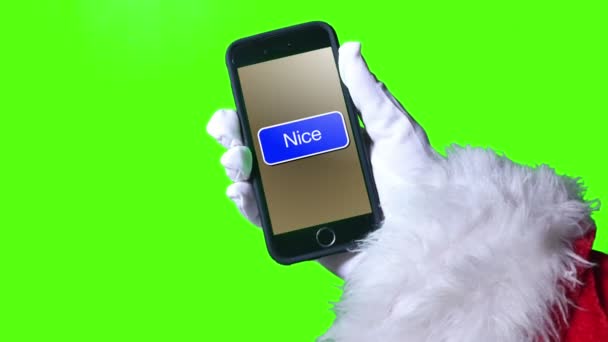 Santa Claus duwt de "mooie" knop op smartphone — Stockvideo