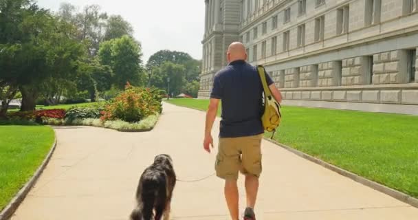 男は、首都ワシントンのキャピトル ヒル地区米国議会図書館の近くの彼の犬を歩く. — ストック動画