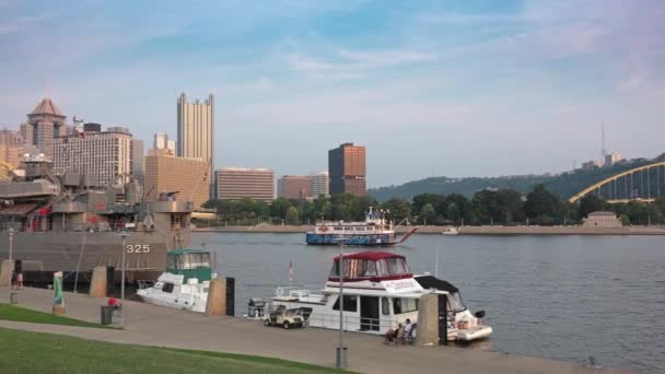 PITTSBURGH, PA - Circa September, 2015 - Tourists visit the LST 325 docked on Pittsburgh's North Shore for Labor Day holiday. — Stock Video