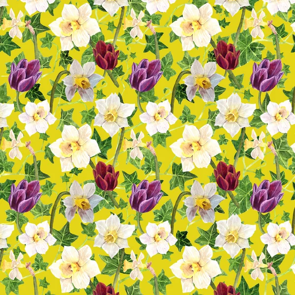 Narciso branco e tulipas vermelhas no fundo amarelo, ilustração desenhada à mão padrão sem costura — Fotografia de Stock