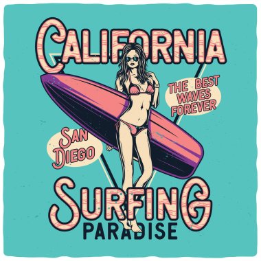 Üzerinde bikini ve sörf tahtası olan seksi bir kız resmi olan tişört ya da poster tasarımı
