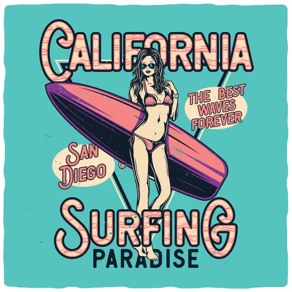 Shirt Lub Projekt Plakatu Ilustracją Seksownej Dziewczyny Bikini Desce Surfingowej — Wektor stockowy