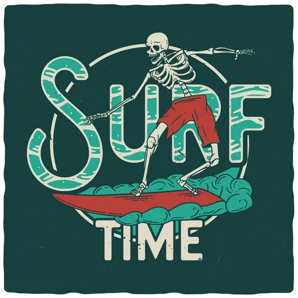 Diseño Camiseta Póster Con Ilustración Esqueleto Con Tabla Surf — Vector de stock