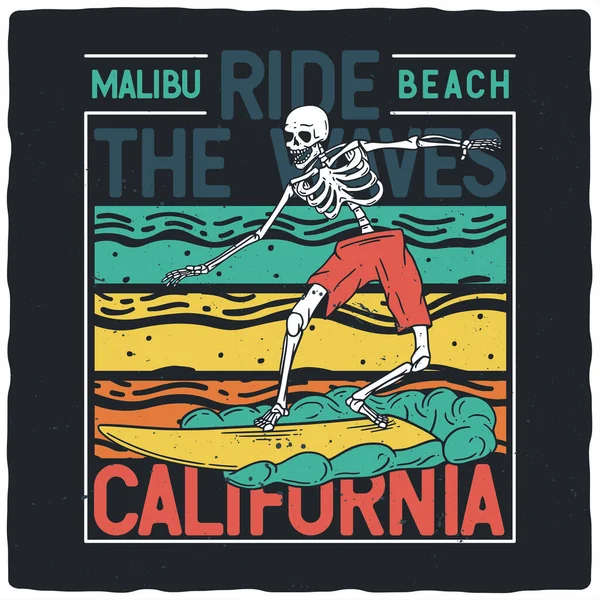 Shirt Lub Projekt Plakatu Ilustracją Szkieletu Deską Surfingową — Wektor stockowy