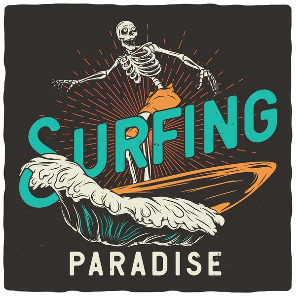 Shirt Lub Projekt Plakatu Ilustracją Szkieletu Deską Surfingową — Wektor stockowy