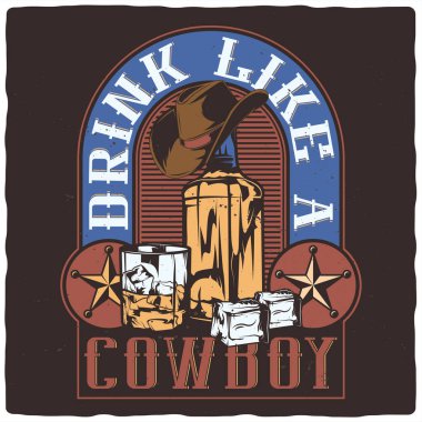 Viski şişesi, bardak, buz ve kovboy şapkası resimli tişört ya da poster tasarımı