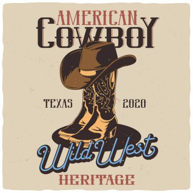 Kovboy çizmeleri ve şapka resimli tişört ya da poster tasarımı