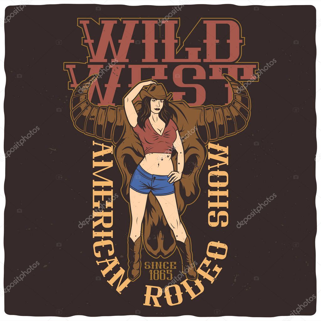 T-shirt or poster design with illustration of cowgirl and skull