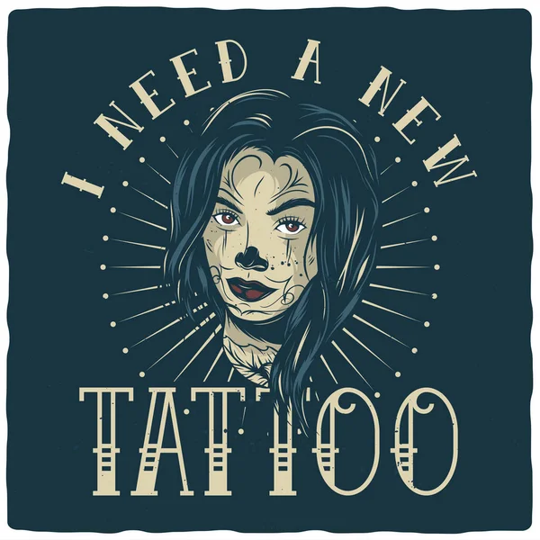 Tričko Nebo Design Plakátu Ilustrací Tetované Dívčí Tváře — Stockový vektor