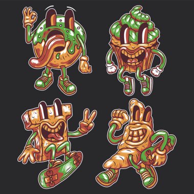 Ayrı renkli çizimler, çörekler, çörekler ve kruvasan. Çıkartmalar ayarlandı.