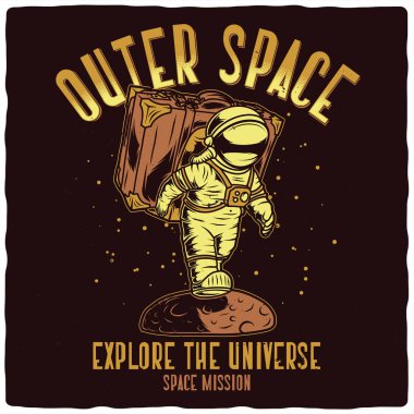 Bavullu komik astronot illüstrasyonlu tişört ya da poster tasarımı