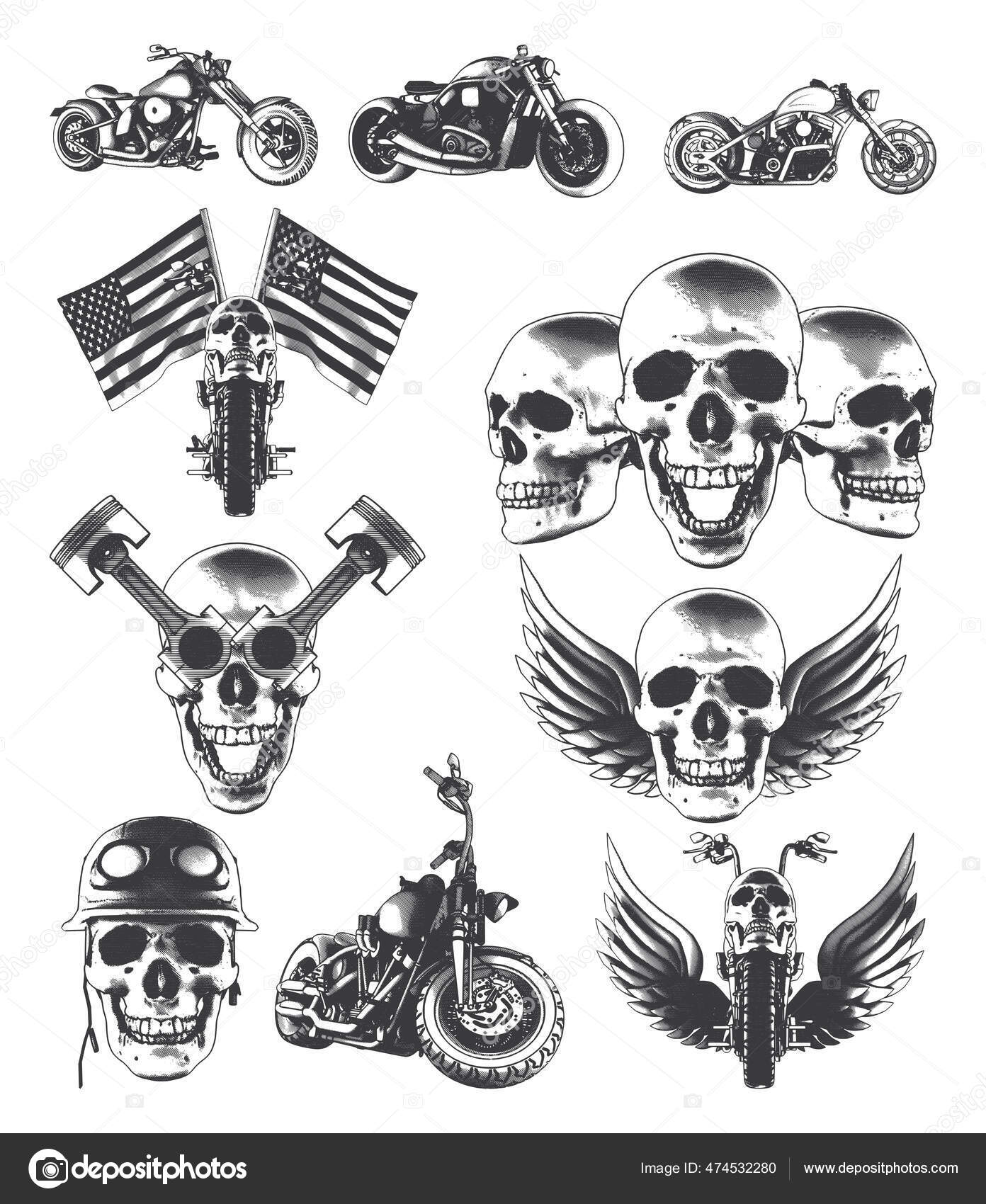 Conjunto Ilustraciones Aisladas Motocicletas Calaveras Alas Banderas Pis  Vector de stock #474532280 de ©vozzy.stock.gmail.com, image size:1392x1700