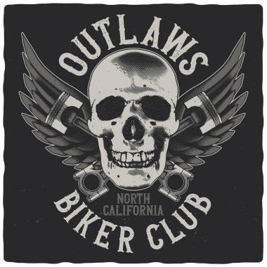 T-shirt or poster design with illustration of skull, wings and pistons