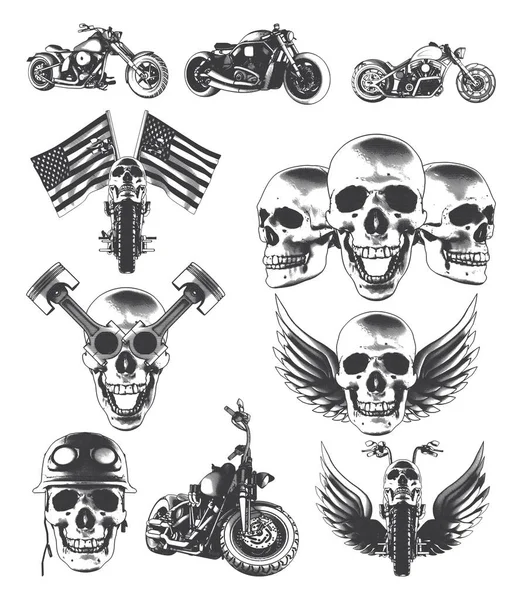 Conjunto Ilustraciones Aisladas Motocicletas Calaveras Alas Banderas Pis — Archivo Imágenes Vectoriales