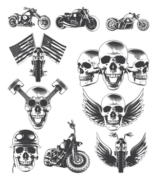Isolated illustrations set - motorcycles, skulls, wings, flags and pistions