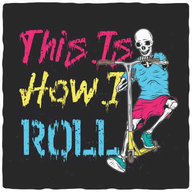 Scooter 'daki iskeletin resmedildiği bir tişört ya da poster tasarımı. Giysi tasarımını hazırla.