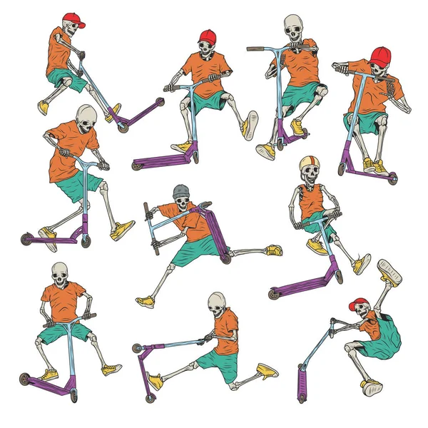 Illustrations Isolées Ensemble Squelettes Différents Sur Scooter — Image vectorielle