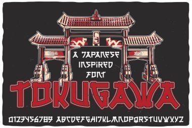 Tokugawa isimli orijinal etiket yazı tipi. Poster, tişört, logo, etiket gibi tasarımlarınız için klasik Japon tarzı yazı tipi.