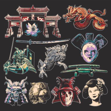 İzole çizimler - Torrie, Geyşa, Samuray, Ejderhalar, Kaplan kafası, Katana kılıçları ve Sakura çiçeği