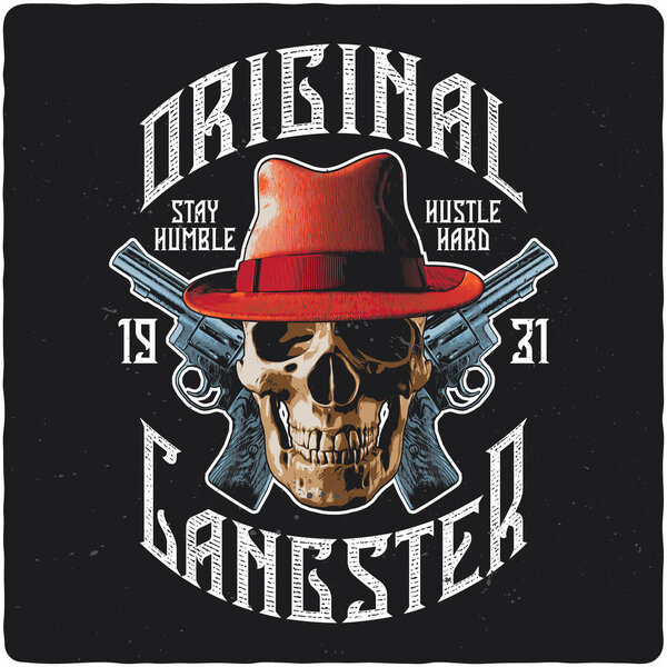 T-shirt or poster design with illustration of skull in hat and pistols