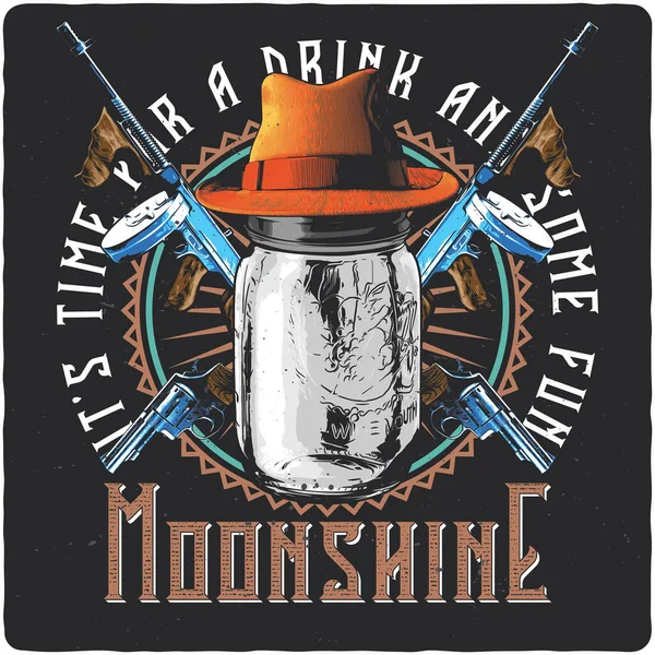Shirt Poster Design Illustration Moonshine Jar Hat Guns — Stock Vector