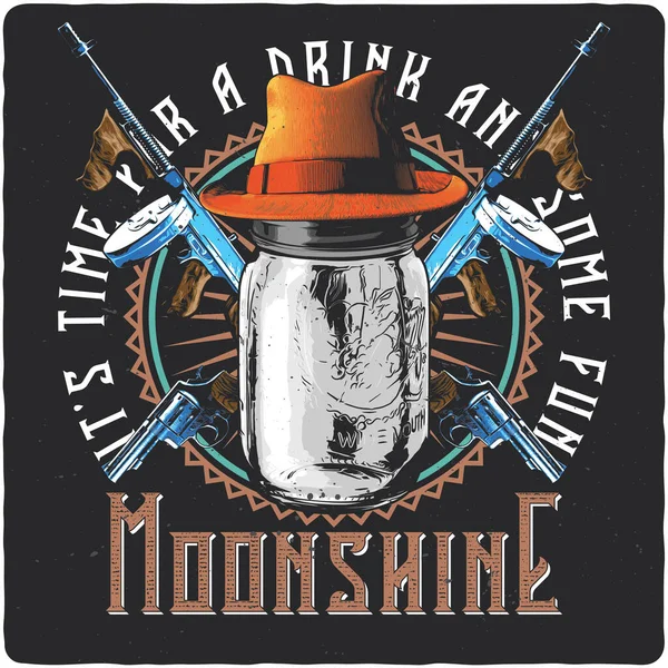 Shirt Poster Ontwerp Met Illustratie Van Moonshine Pot Hoed Geweren — Stockvector