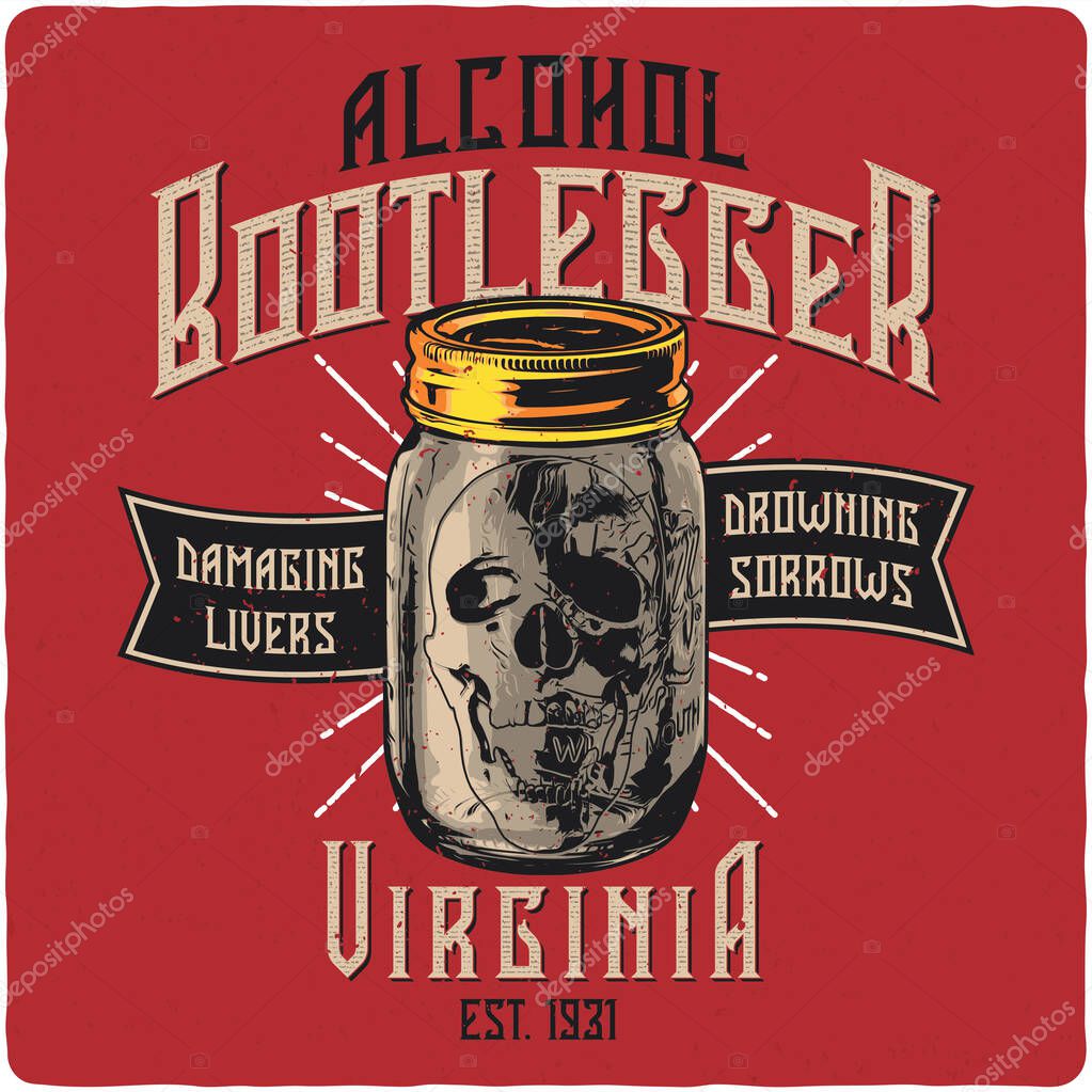 T-shirt or poster design with illustration of moonshine jar