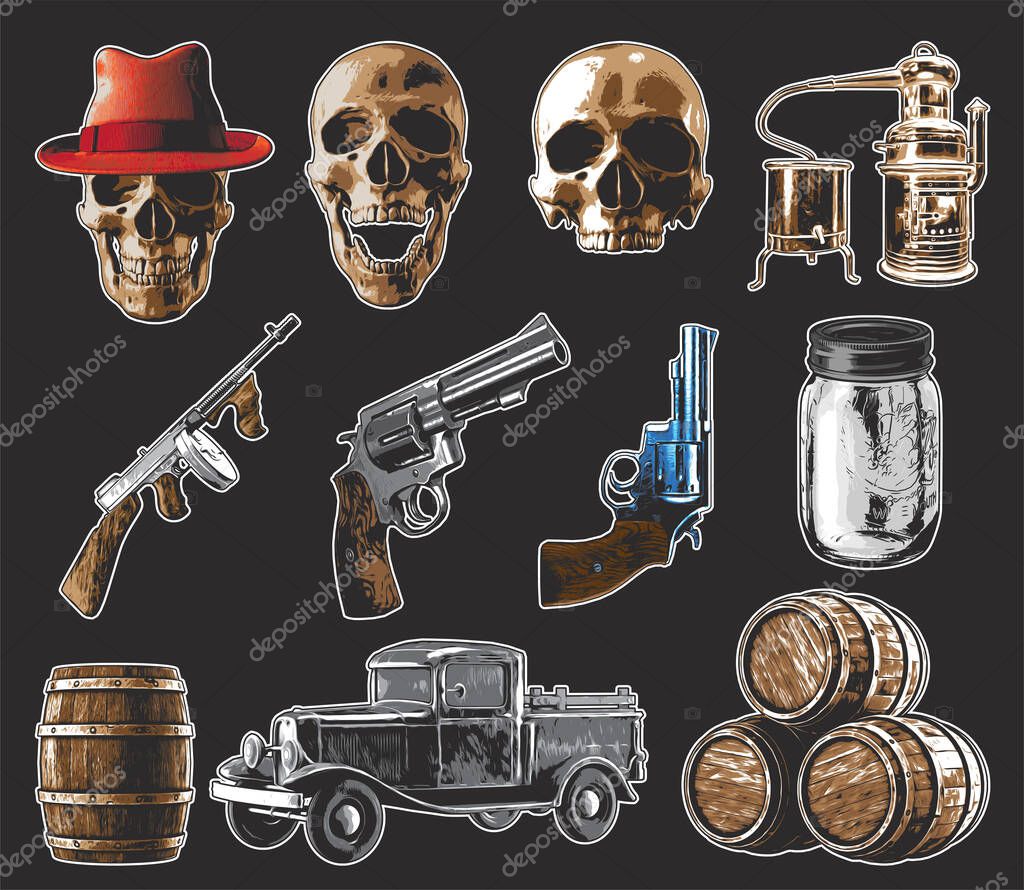 Isolated illustrations set - skulls, gun, pistols, moonshine jar, bootlegger's truck, distiller, barrels