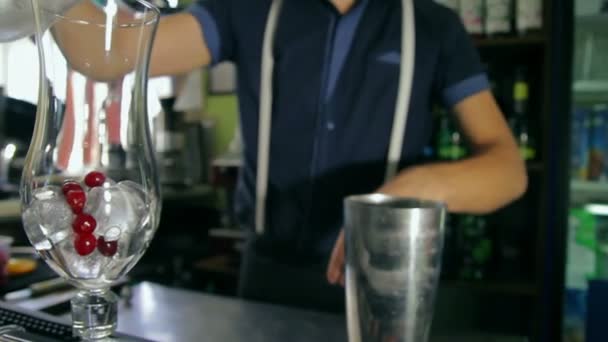 Dolly shot of the bartender pouring an empty glass with ice and cranberry — Stock Video