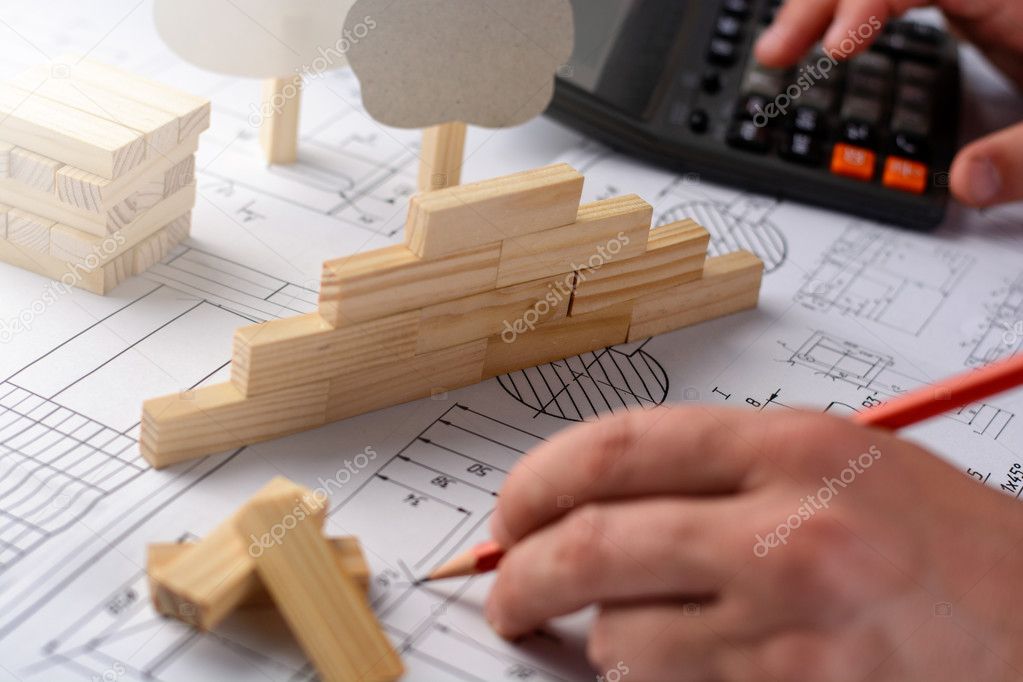 Man Architect Draws A Plan Graph Design Geometric Shapes By