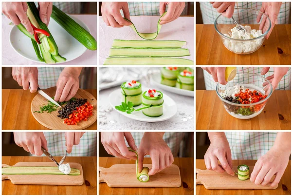 Un collage paso a paso de hacer rollos de pepino Feta —  Fotos de Stock