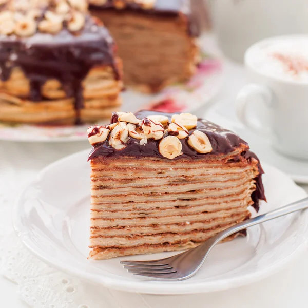 A Slice of Chocolate, Hazelnut and Cottage Cheese Crepe Cake — Stock Photo, Image
